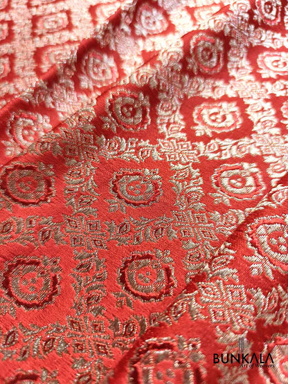 Rust Red Vintage Pattern All Over Jaal Brocade Weaved Banarasi Mashru Silk Saree