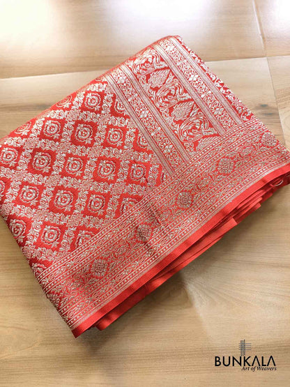 Rust Red Vintage Pattern All Over Jaal Brocade Weaved Banarasi Mashru Silk Saree