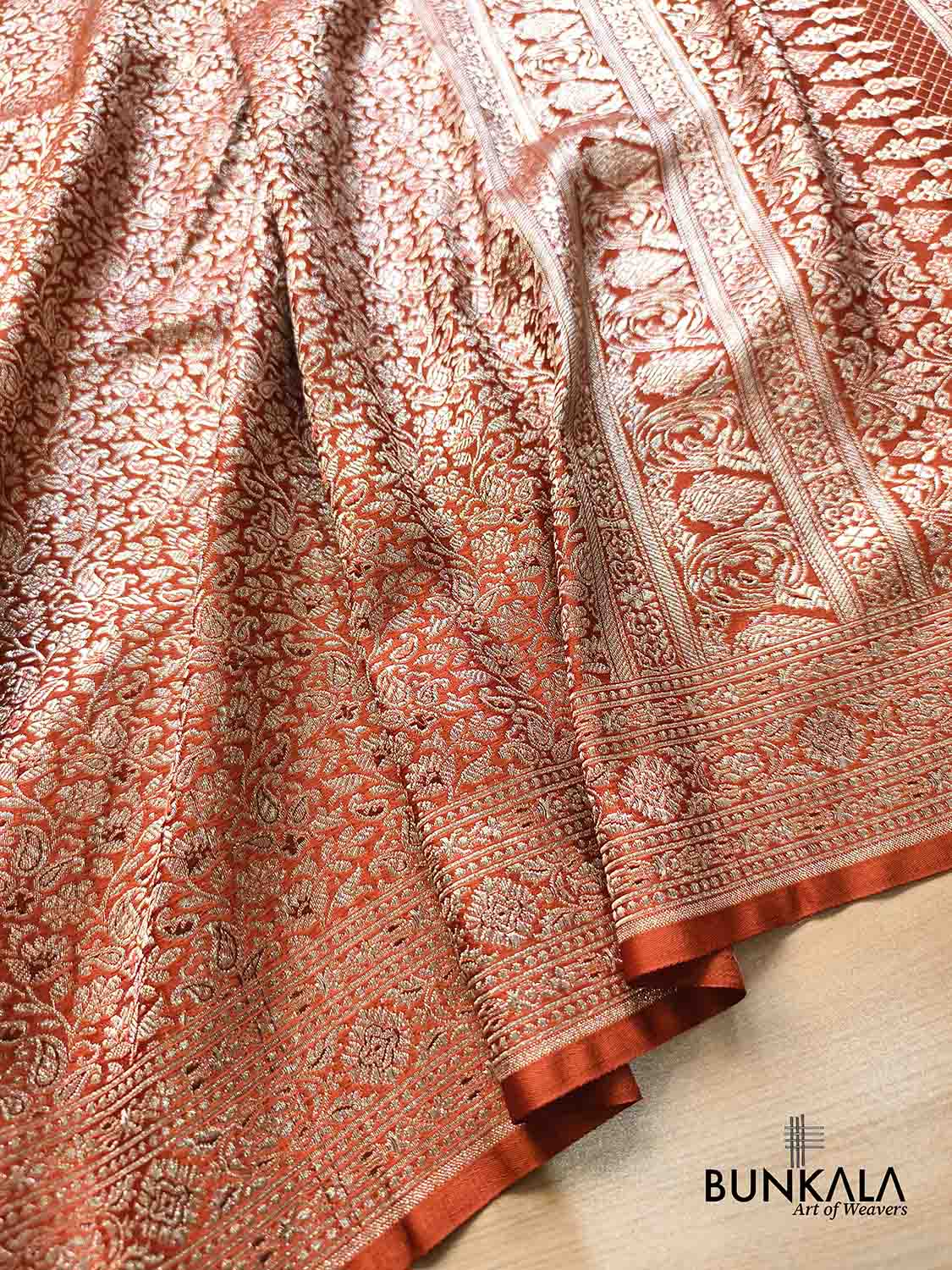 Copper Rust Brown Floral All Over Jaal Brocade Weaved Banarasi Mashru Silk Saree