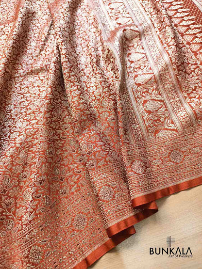 Copper Rust Brown Floral All Over Jaal Brocade Weaved Banarasi Mashru Silk Saree