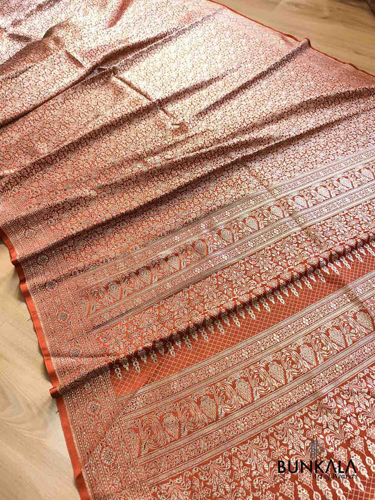 Copper Rust Brown Floral All Over Jaal Brocade Weaved Banarasi Mashru Silk Saree