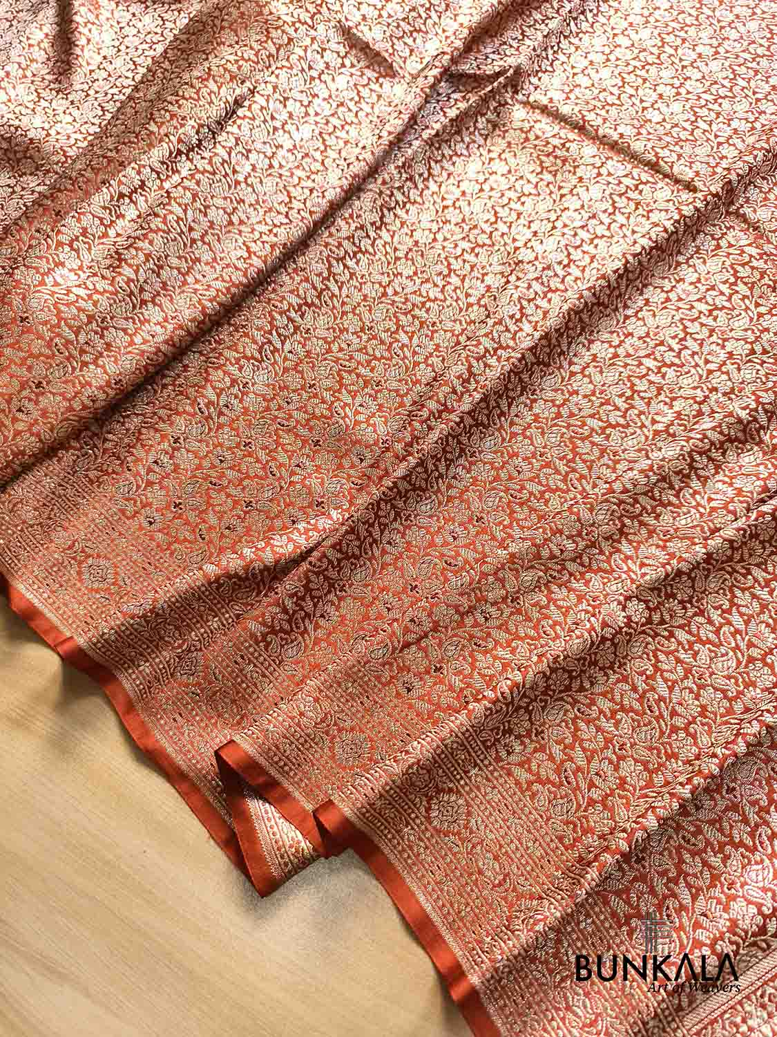 Copper Rust Brown Floral All Over Jaal Brocade Weaved Banarasi Mashru Silk Saree