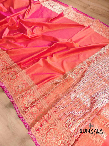 Pink Double Shaded Pure Katan Silk Plain Banarasi Handloom Saree