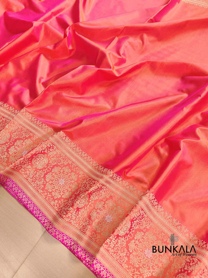 Pink Double Shaded Pure Katan Silk Plain Banarasi Handloom Saree