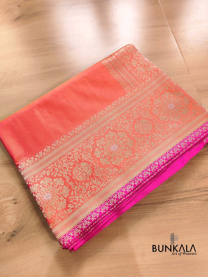 Pink Double Shaded Pure Katan Silk Plain Banarasi Handloom Saree