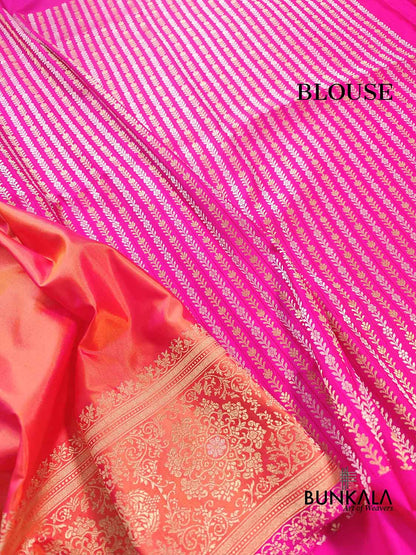 Pink Double Shaded Pure Katan Silk Plain Banarasi Handloom Saree