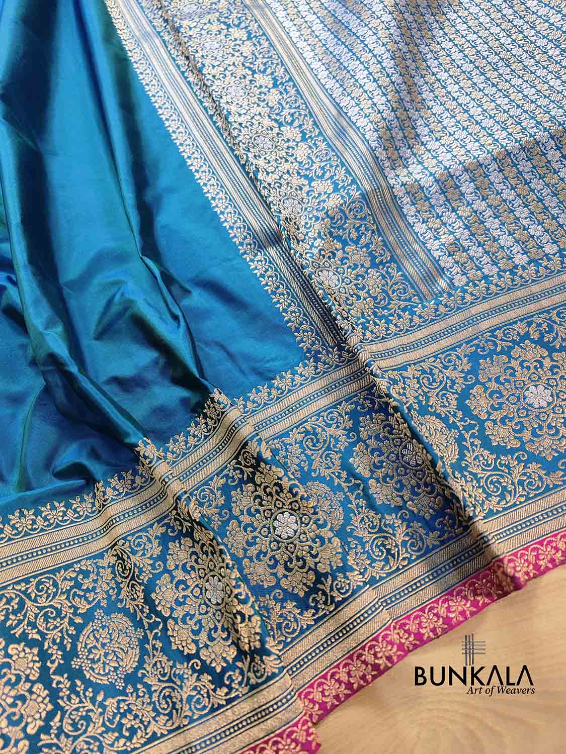 Blue Double Shaded Pure Katan Silk Plain Banarasi Handloom Saree