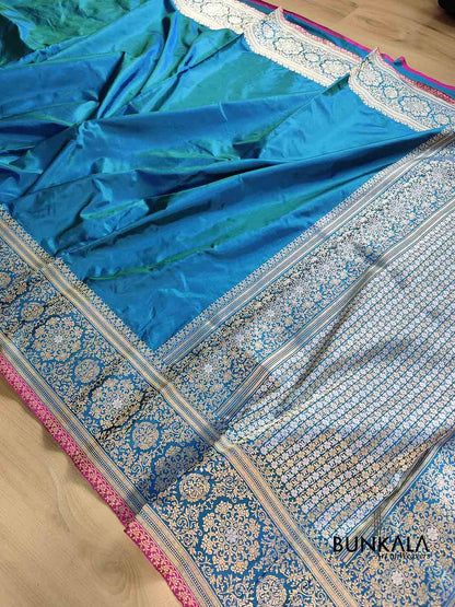 Blue Double Shaded Pure Katan Silk Plain Banarasi Handloom Saree