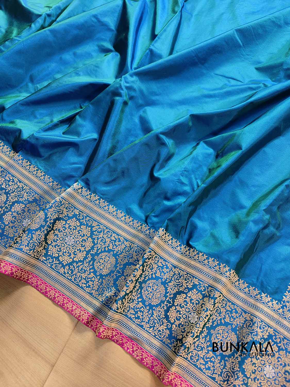 Blue Double Shaded Pure Katan Silk Plain Banarasi Handloom Saree