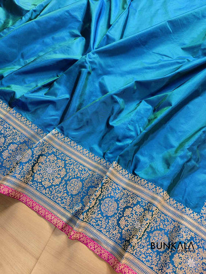 Blue Double Shaded Pure Katan Silk Plain Banarasi Handloom Saree