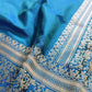 Blue Double Shaded Pure Katan Silk Plain Banarasi Handloom Saree