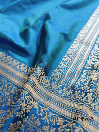 Blue Double Shaded Pure Katan Silk Plain Banarasi Handloom Saree