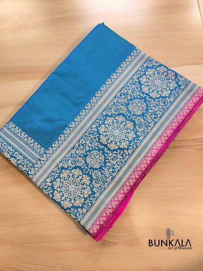 Blue Double Shaded Pure Katan Silk Plain Banarasi Handloom Saree