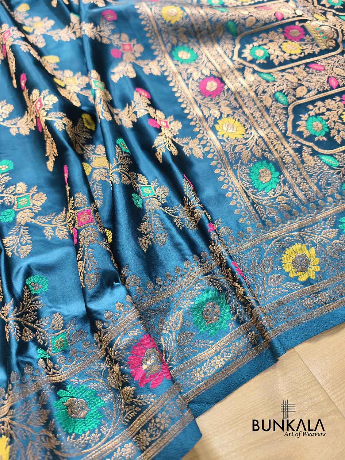 Aqua Blue Floral Meenakari Jaal Banarasi Mashru Silk Saree
