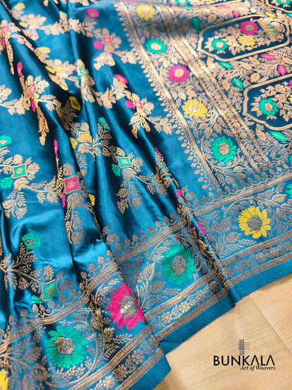Aqua Blue Floral Meenakari Jaal Banarasi Mashru Silk Saree