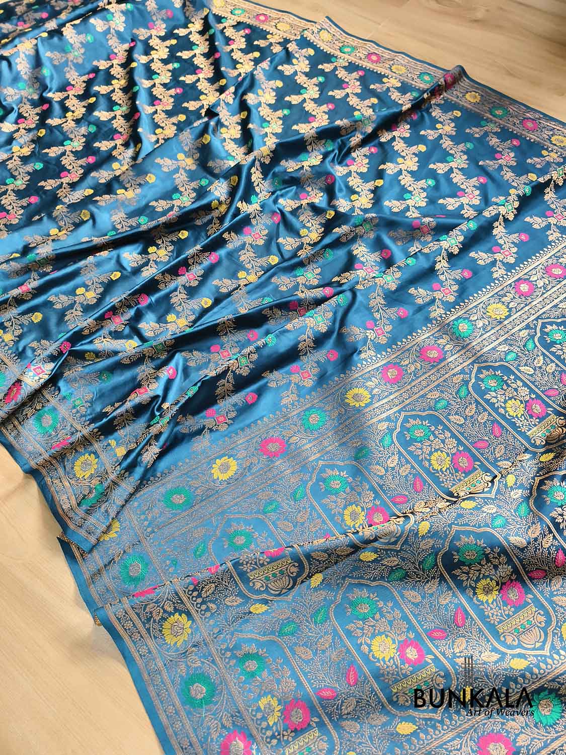 Aqua Blue Floral Meenakari Jaal Banarasi Mashru Silk Saree