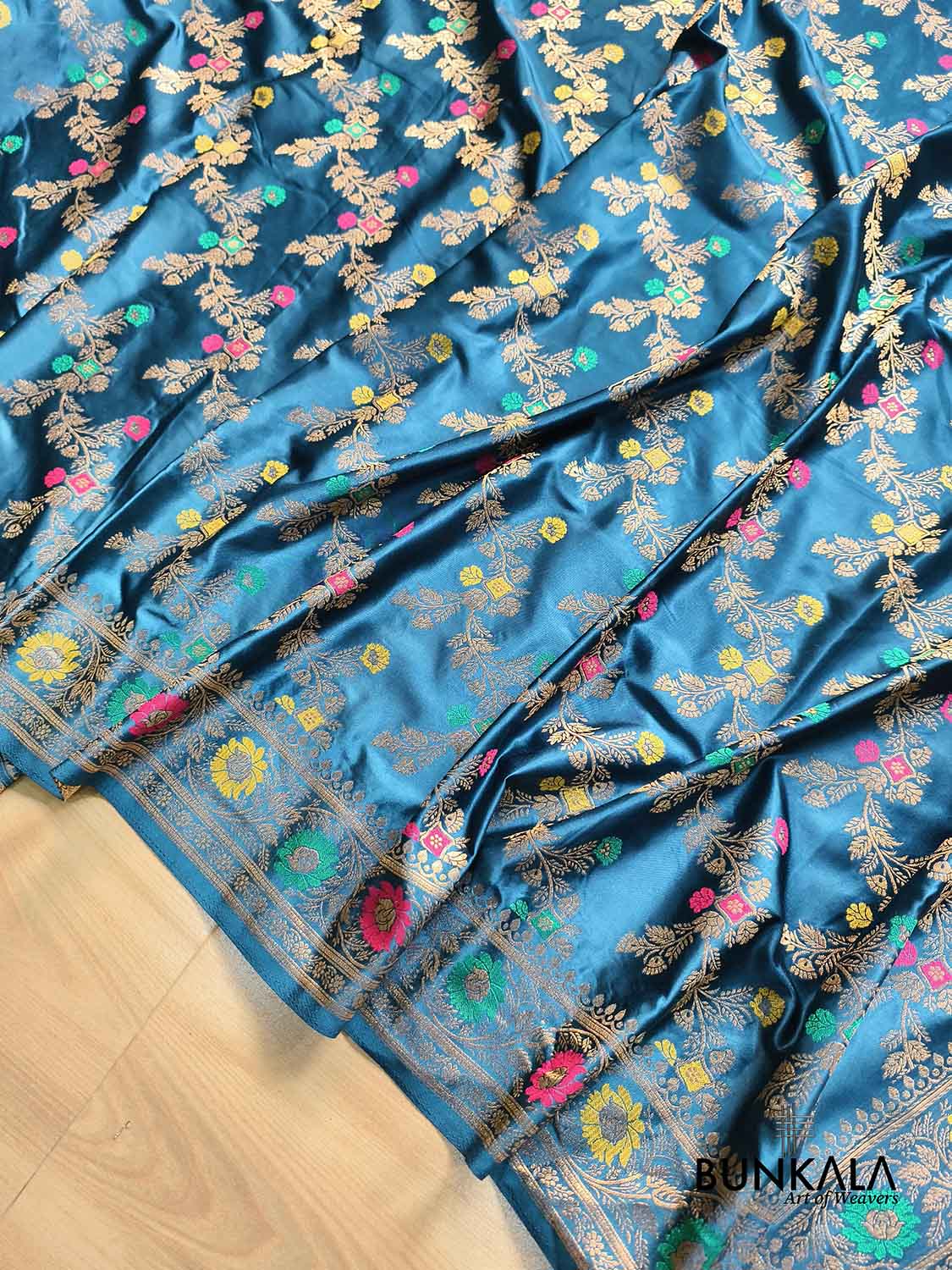 Aqua Blue Floral Meenakari Jaal Banarasi Mashru Silk Saree