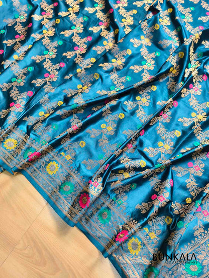 Aqua Blue Floral Meenakari Jaal Banarasi Mashru Silk Saree