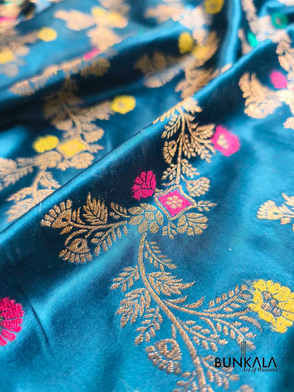 Aqua Blue Floral Meenakari Jaal Banarasi Mashru Silk Saree