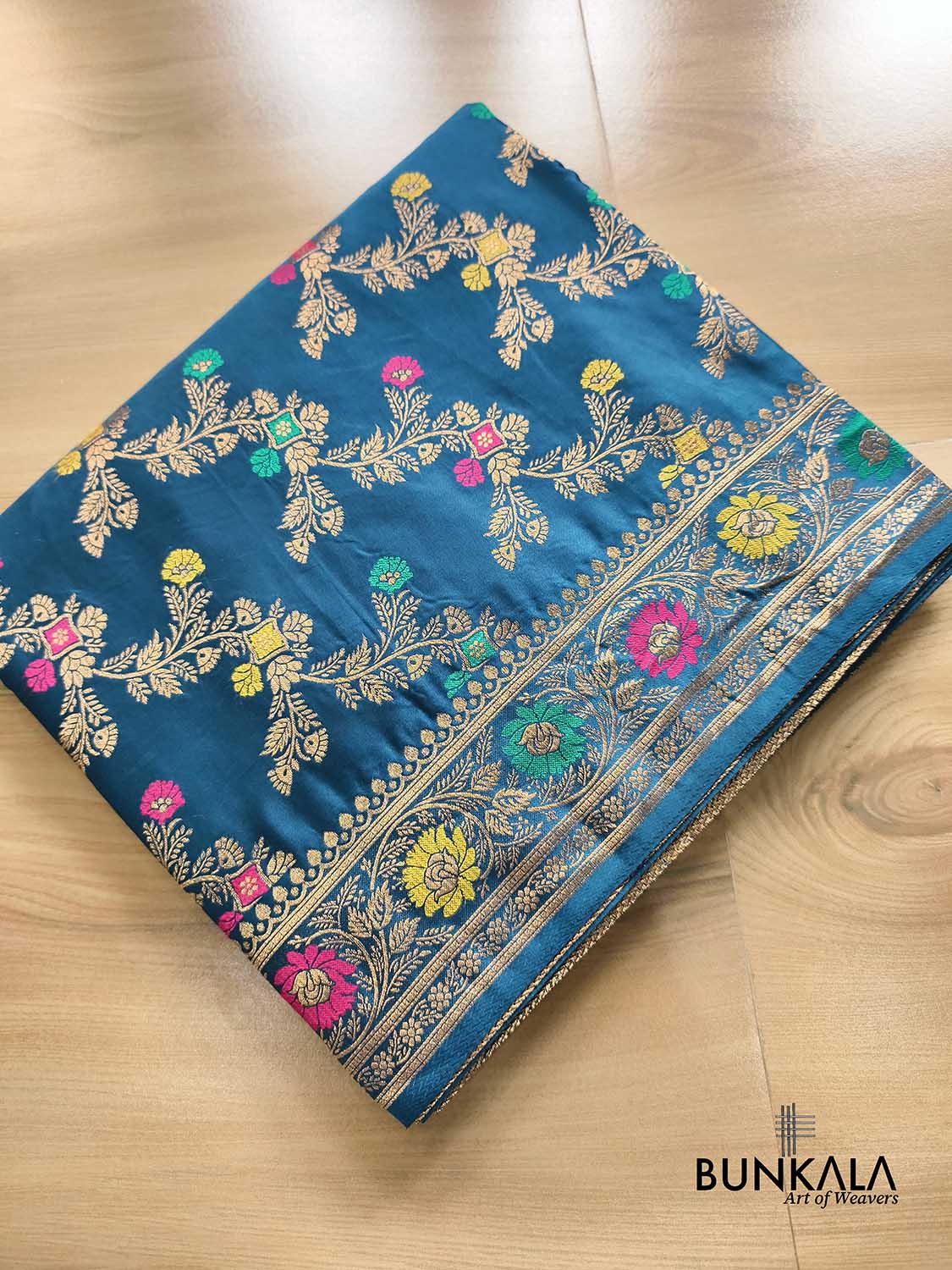Aqua Blue Floral Meenakari Jaal Banarasi Mashru Silk Saree