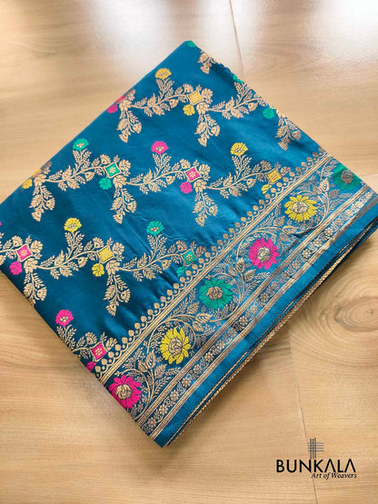 Aqua Blue Floral Meenakari Jaal Banarasi Mashru Silk Saree