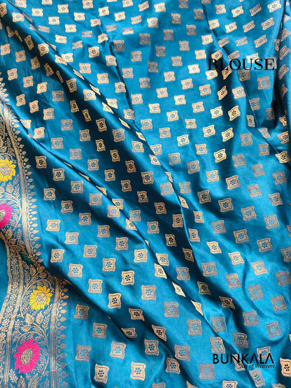 Aqua Blue Floral Meenakari Jaal Banarasi Mashru Silk Saree
