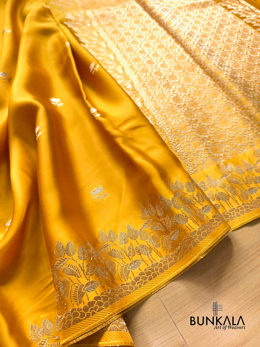 Bright Yellow Floral Buti Banarasi Mashru Silk Saree