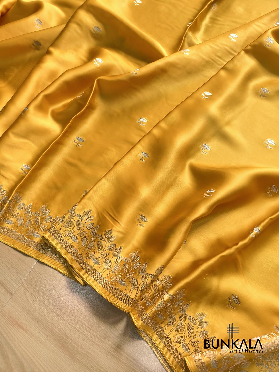 Bright Yellow Floral Buti Banarasi Mashru Silk Saree