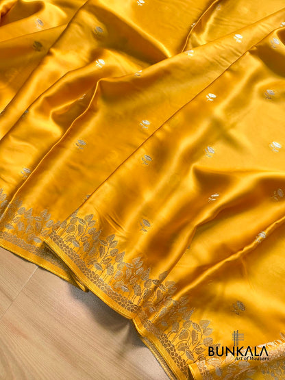 Bright Yellow Floral Buti Banarasi Mashru Silk Saree