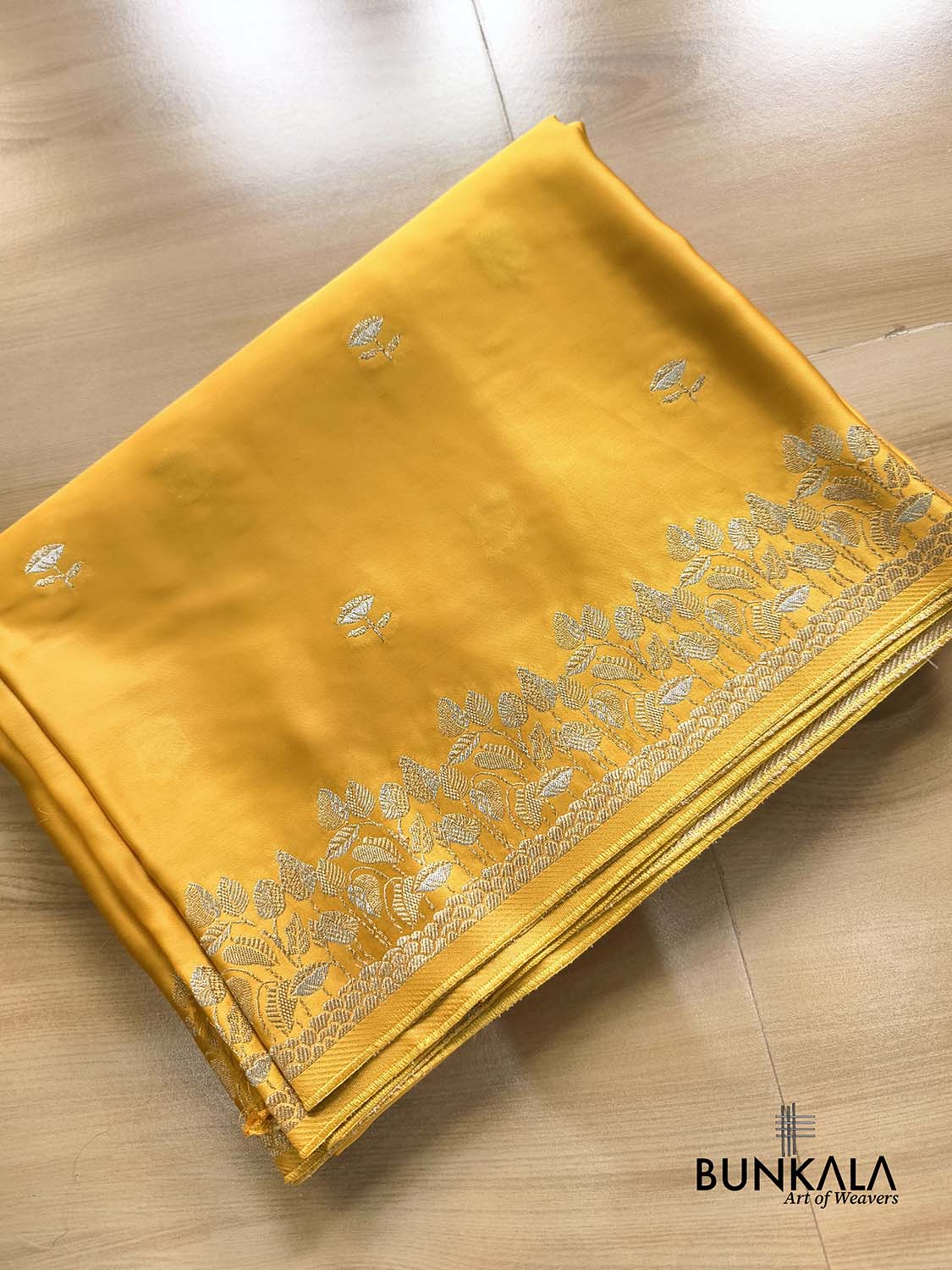 Bright Yellow Floral Buti Banarasi Mashru Silk Saree
