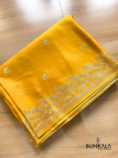 Bright Yellow Floral Buti Banarasi Mashru Silk Saree