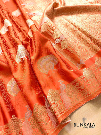Deep Orange Sona Rupa Peacock Banarasi Mashru Silk Saree