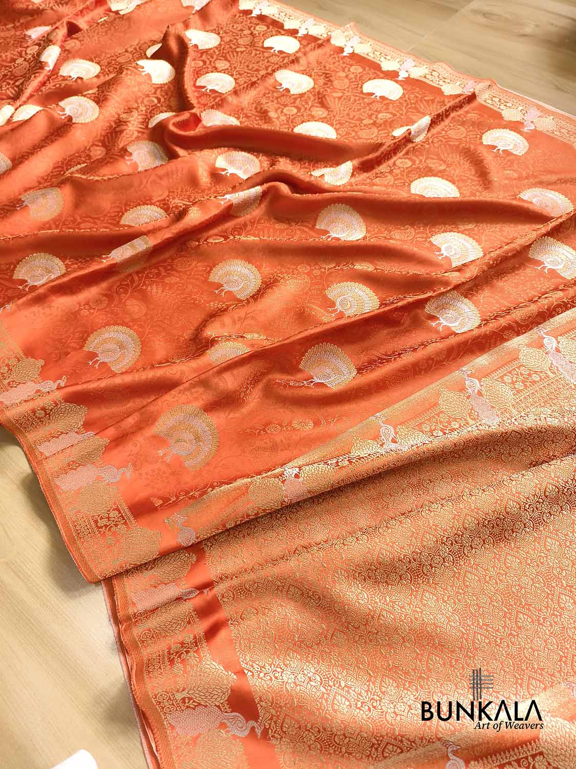Deep Orange Sona Rupa Peacock Banarasi Mashru Silk Saree