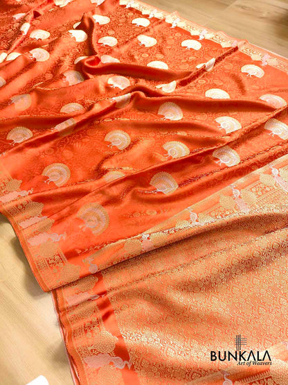 Deep Orange Sona Rupa Peacock Banarasi Mashru Silk Saree