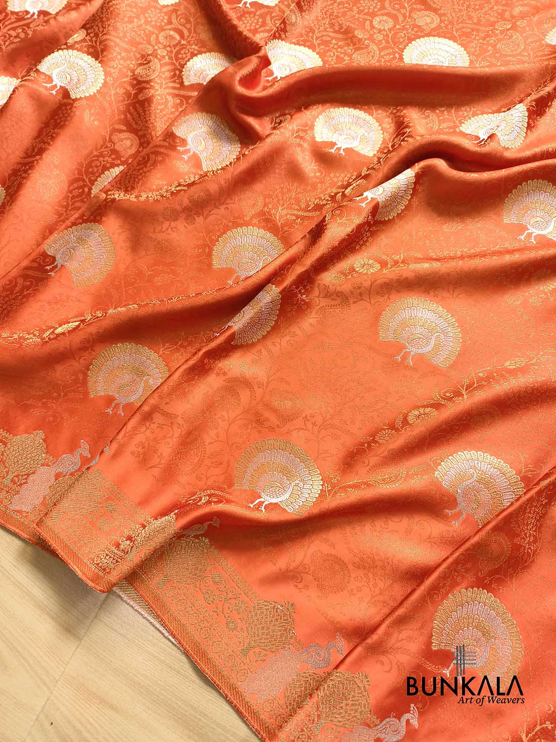 Deep Orange Sona Rupa Peacock Banarasi Mashru Silk Saree