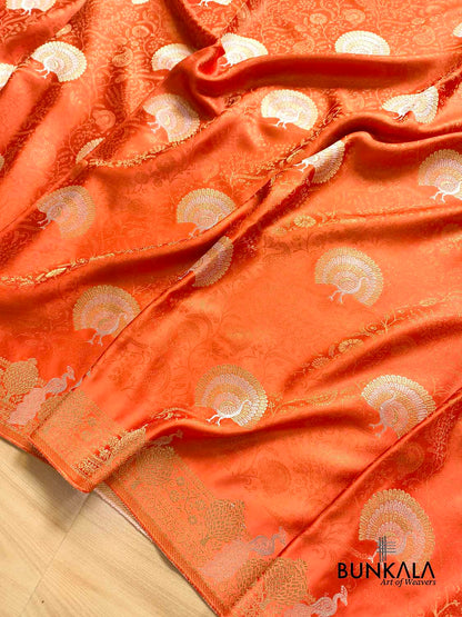 Deep Orange Sona Rupa Peacock Banarasi Mashru Silk Saree
