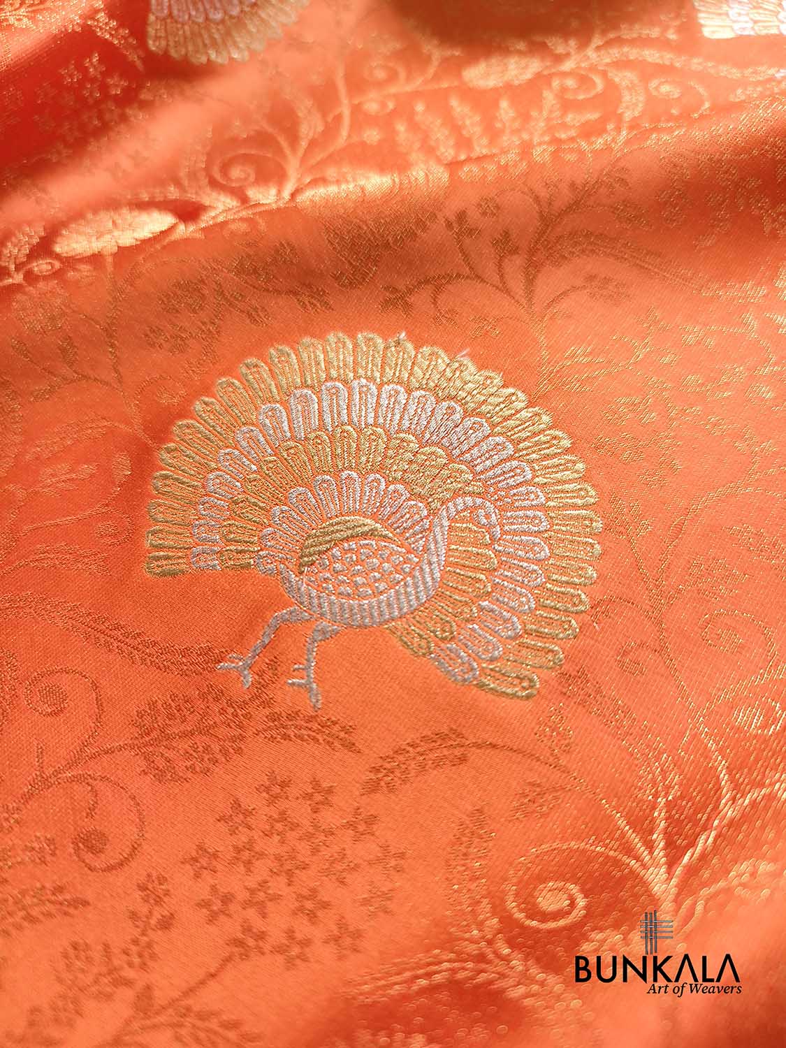 Deep Orange Sona Rupa Peacock Banarasi Mashru Silk Saree