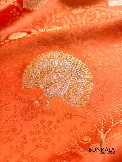 Deep Orange Sona Rupa Peacock Banarasi Mashru Silk Saree