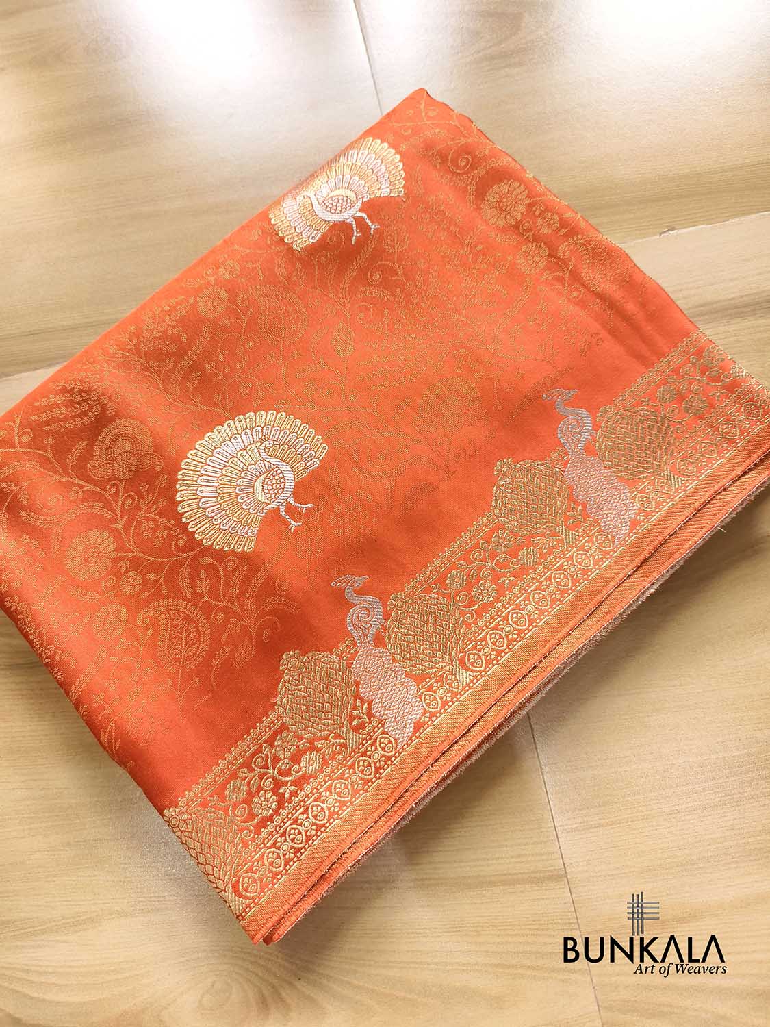 Deep Orange Sona Rupa Peacock Banarasi Mashru Silk Saree