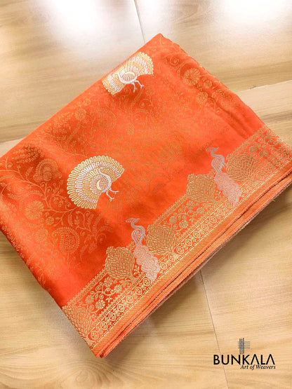 Deep Orange Sona Rupa Peacock Banarasi Mashru Silk Saree