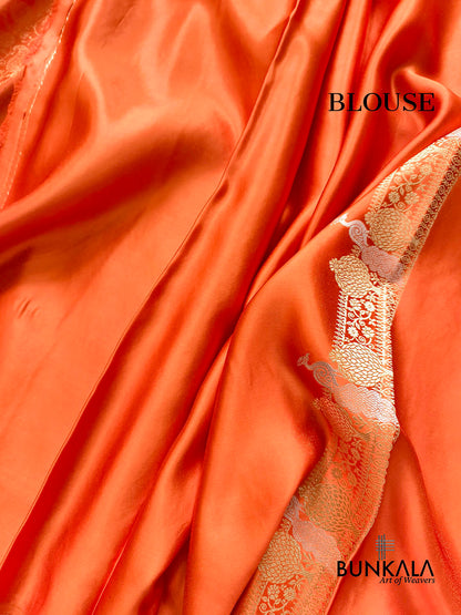 Deep Orange Sona Rupa Peacock Banarasi Mashru Silk Saree