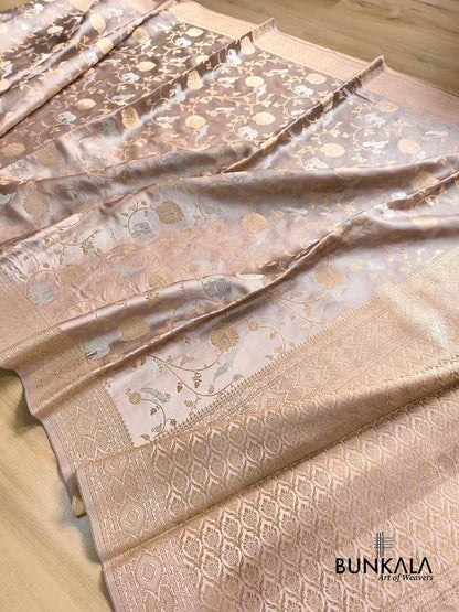 Pastel Elephant and Bird Floral Jaal Banarasi Mashru Silk Saree