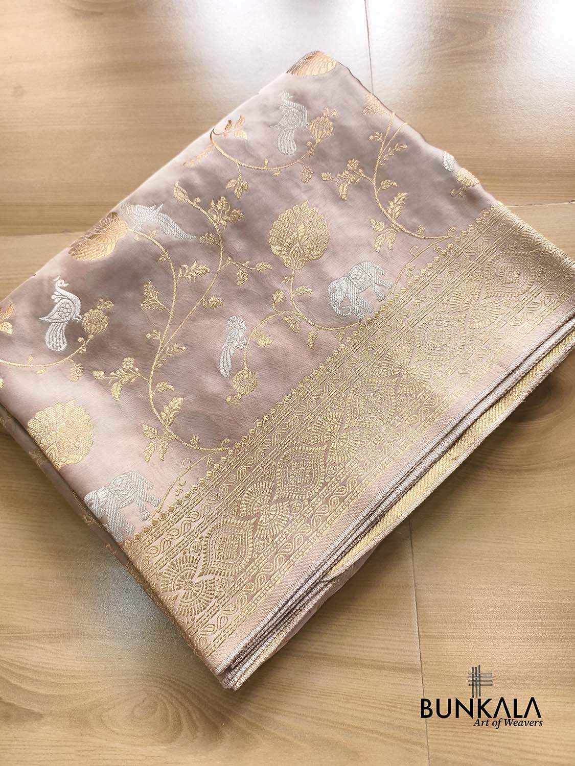 Pastel Elephant and Bird Floral Jaal Banarasi Mashru Silk Saree