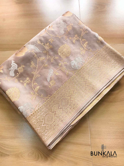 Pastel Elephant and Bird Floral Jaal Banarasi Mashru Silk Saree