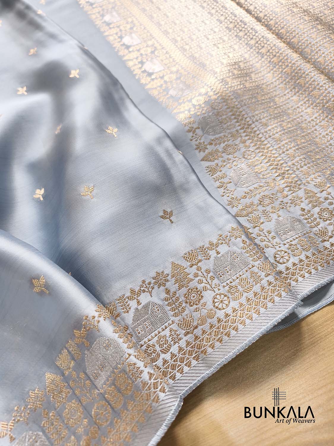 Powder Blue Buti Modern Design Border Banarasi Mashru Silk Saree