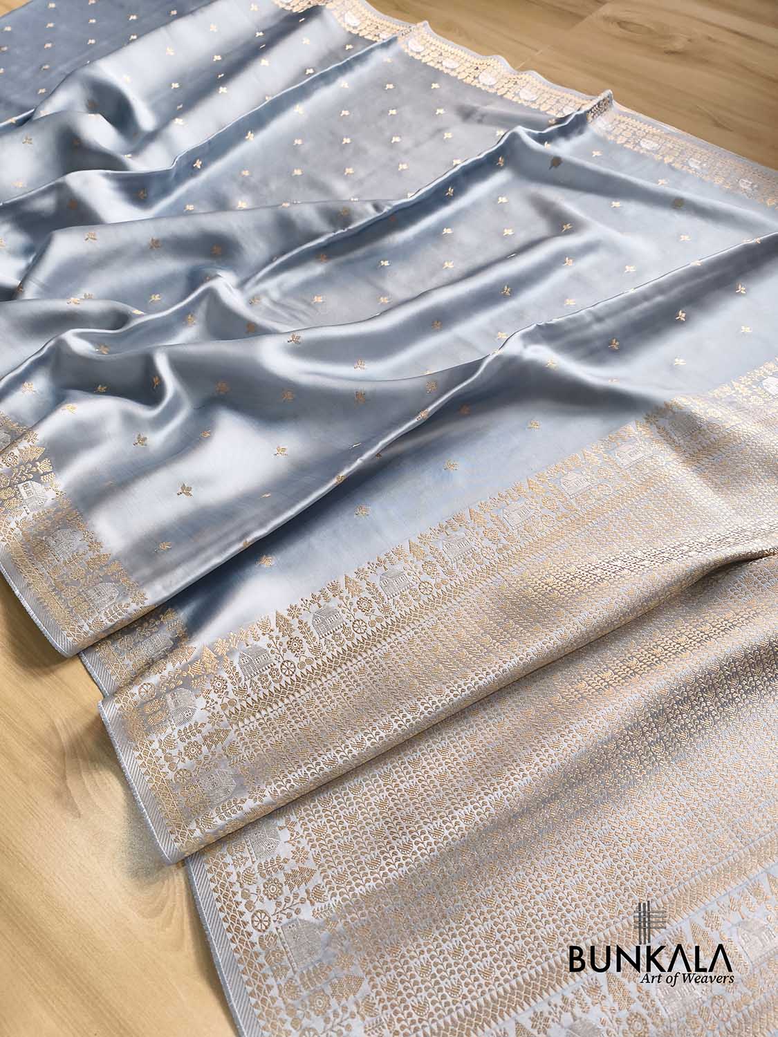 Powder Blue Buti Modern Design Border Banarasi Mashru Silk Saree