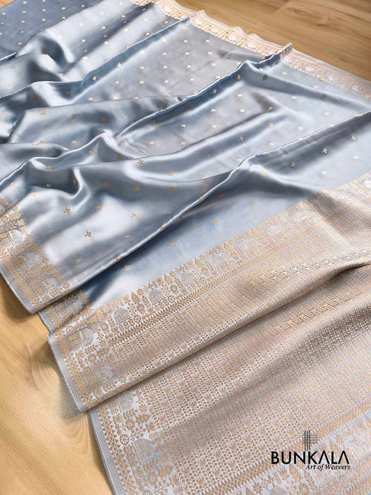 Powder Blue Buti Modern Design Border Banarasi Mashru Silk Saree