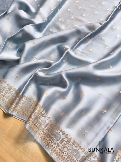 Powder Blue Buti Modern Design Border Banarasi Mashru Silk Saree