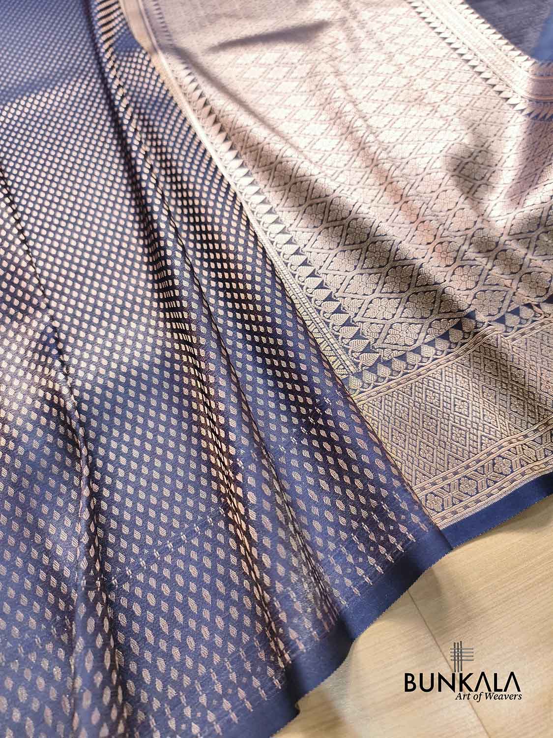 Navy Blue Buti Banarasi without Border Mashru Silk Saree