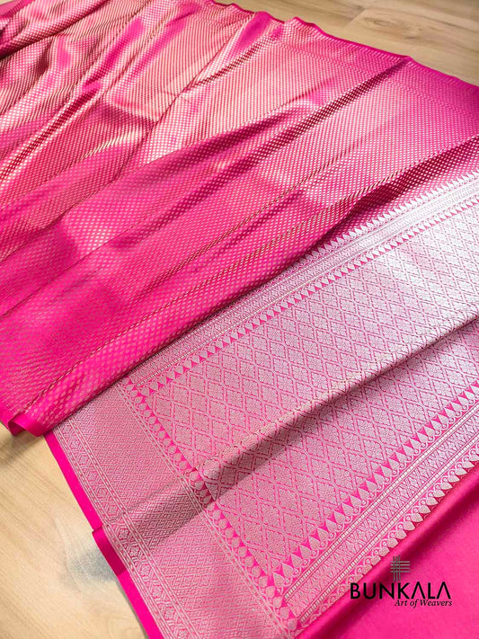 Fuchsia Pink Buti Banarasi without Border Mashru Silk Saree